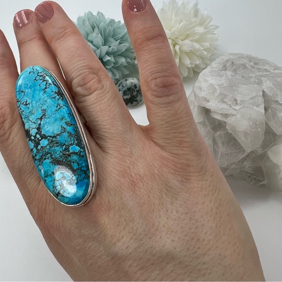 *SOLD* Long Chunky Turquoise Ring Size 11 New Sterling Silver 925 - Picture 5 of 10